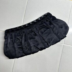 Stuart Weitzman Black Satin Pleated Clutch with Studded Trim Evening Handbag